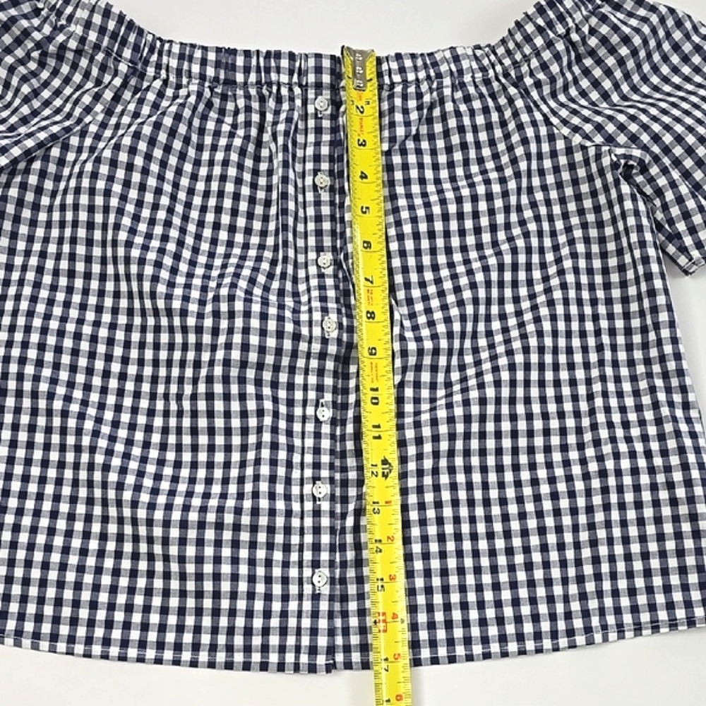 Reitmans Women's Navy White Gingham Mini Checkered Off Shoulder Cotton Top M - Picture 11 of 11